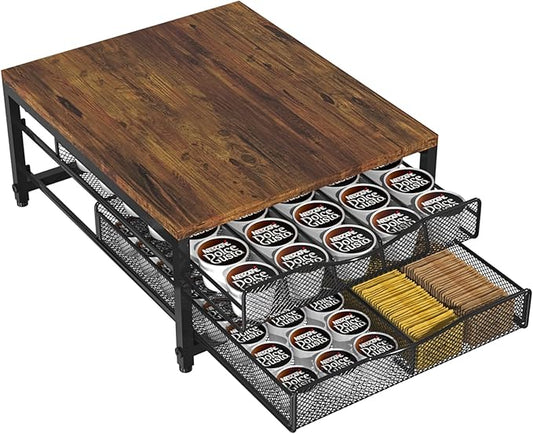 Coffee Pod Holder For Counter, Wooden K Cup Holder with Sliding Drawer, Large Capacity Coffee Pod Storage for Coffee Station, Home, Office, Kitchen