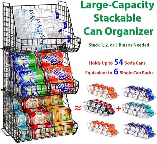 Stacking Can Dispensers 3 Tier with 3 Divider, Large Pantry Can Organizer, Beverage Drink Pop Soda Can Storage Basket, Can Holders for Pantry, Canned Food Rack Wire Bins for Kitchen Cabinet (3-Pack)