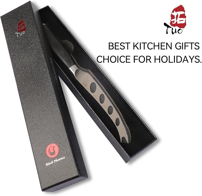 TUO Cheese Knife, 5 inch Tomato Knife Fruit Knife Small Kitchen Knife, German Stainless Steel Hollow Blade, Ergonomic Full Tang Handle with Gift Box, Black Phoenix Series