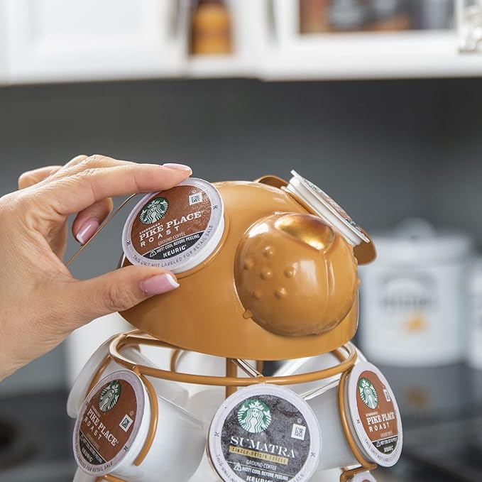 Made Easy Kit Carousel Coffee Pod Holder, Compatible with Keurig K-Pods K-Cups, Countertop Rack Storage Organizer, Metal Home and Kitchen Decor, Capsule Café Station Bar (Small, Brown Dog)