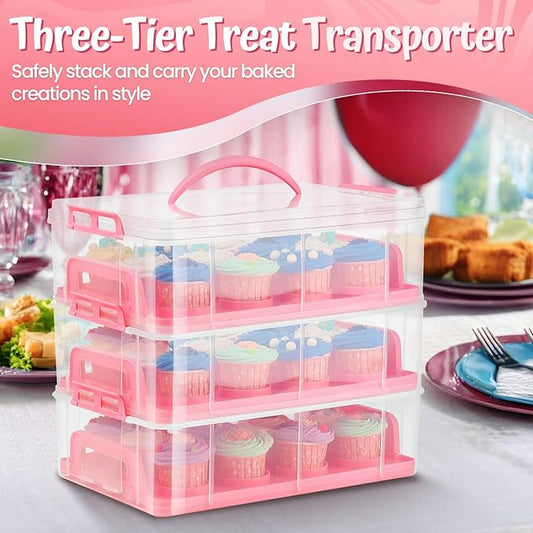 Flexzion 36 Cupcake Carrier 3 Tier Stackable Storage Container Collapsible Cake Carrier with Lid and Handle, Reusable Rectangular Plastic Dessert Travel Container, Display Holder Transport Box (Pink)
