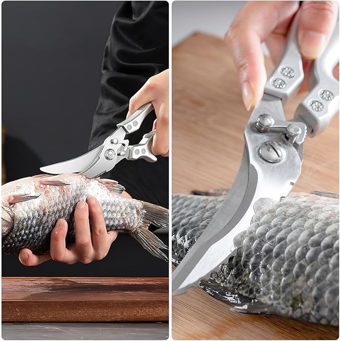 Poultry Shears Heavy Duty Professional, Multipurpose Kitchen Shears with Sheath, Spring-Loaded Stainless Steel Chef Scissors Cutting Bone, Chicken, Fish, Food, Meat, Full Steel Handle Silver