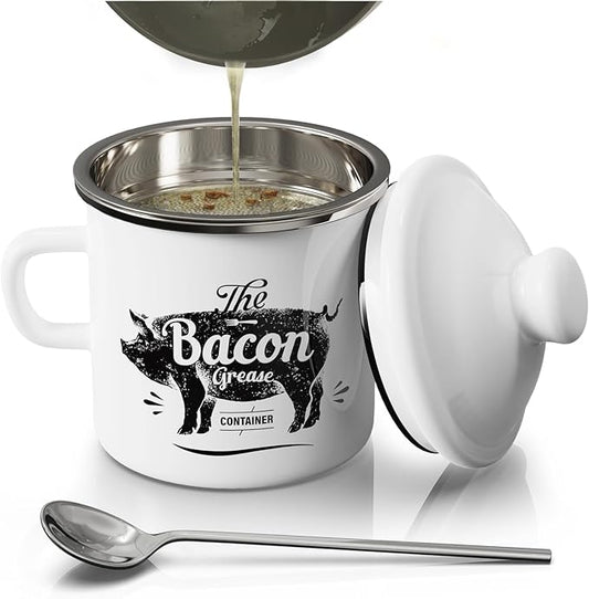 PGYARD Mini Bacon Grease Container With Strainer - 15OZ Enamel Grease Saver, Farmhouse Bacon Grease Keeper For Kitchen Fat Storage, Dishwasher Safe-White