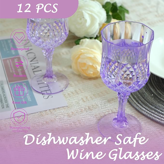 Plastic Wine Glasses,Plastic Goblets Vintage Style Cordial Drinking Glasses for Wedding Reception, Grand Event Party Supplies (12, Purple)