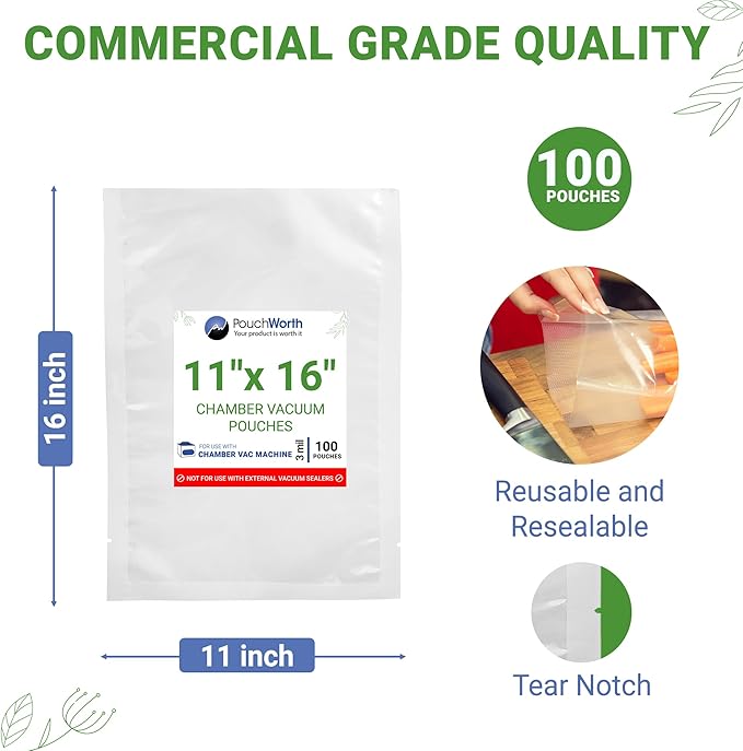 100 pcs Clear 11" x 16" Gallon, 3 mil Chamber Machine Pouches, Pre-Cut Chamber Vacuum Sealer Bags, Heavy Duty Seal Pouch, BPA-Free Chamber Sealer Bags with Tear Notch