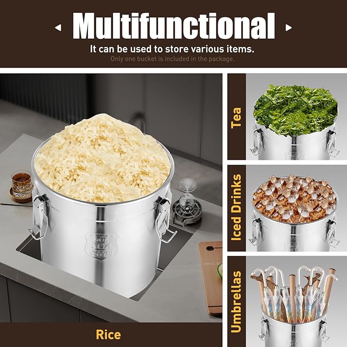 Stainless Steel Airtight Canister for Kitchen, 33L/8.7Gal Metal Food Storage Container Flour Bucket with Lid & Clamps, Bean Rice Cereal Canister Holder for Kitchen Restaurant, D15*H14.2in