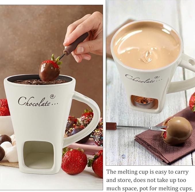 2 Sets Chocolate Fondue Cup with Fork, Ceramic Chocolate Melting Mug, Porcelain Melt Chocolate Fondue Crucible, Mini Fondue Pot for Cheese Caramel Butter