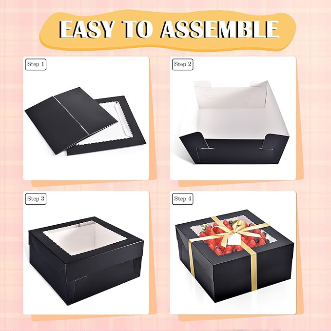 16Pcs 12x12x6 Inch Cake Boxes with Cake Boards (8Pcs Black Cake Boxes, 8Pcs Cake Boards), Bakery Boxes with Window, Cake Carrier Container for Birthday Party, Wedding