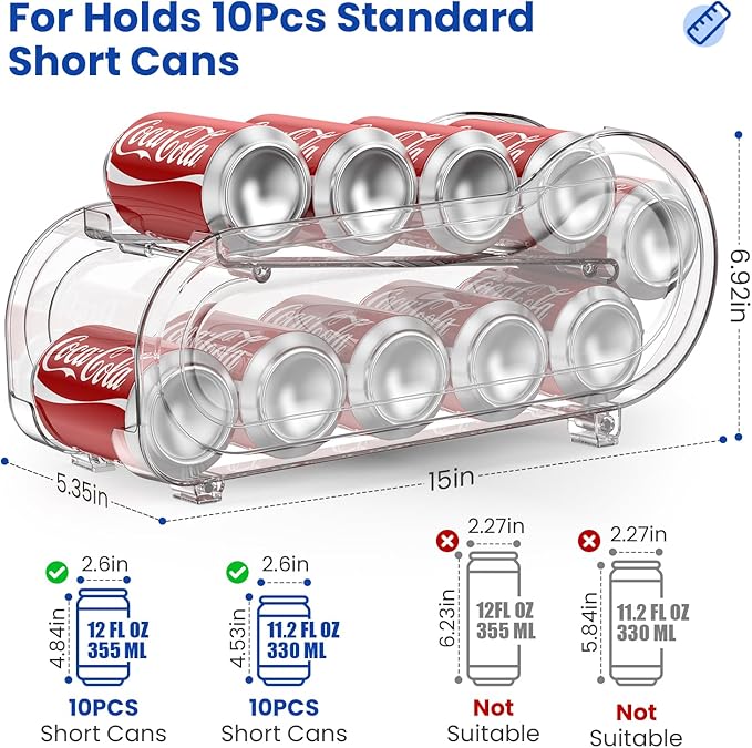 2 Pack Auto-Rolling Soda Can Organizer for Refrigerator/Fridge, Upgraded Soda Can Dispenser & Holder for Pantry Storage 10 Standard Size 12oz/ 11.2oz/ 355ml/ 330m Drink Short Cans (Clear)