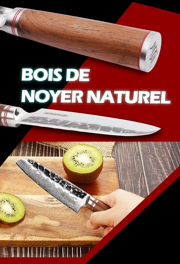 YOUSUNLONG Santoku Knife Chef Knife 5 Inch Asian Knife Japanese Hammered Damascus Steel Ultra Sharp Blade Natural Walnut Wooden Handle