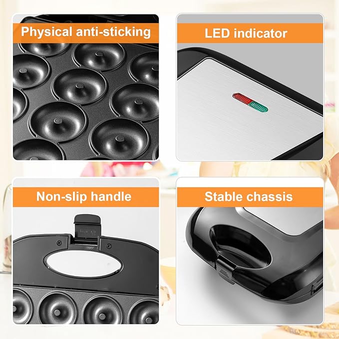 2025 Mini Donut Maker Machine for Home, Kid-Friendly 16-Hole Electric Doughnut and Pancake Maker with Non-Stick Surface, Ideal for Homemade Doughnuts (Black with Mini Oven Gloves & Brush)