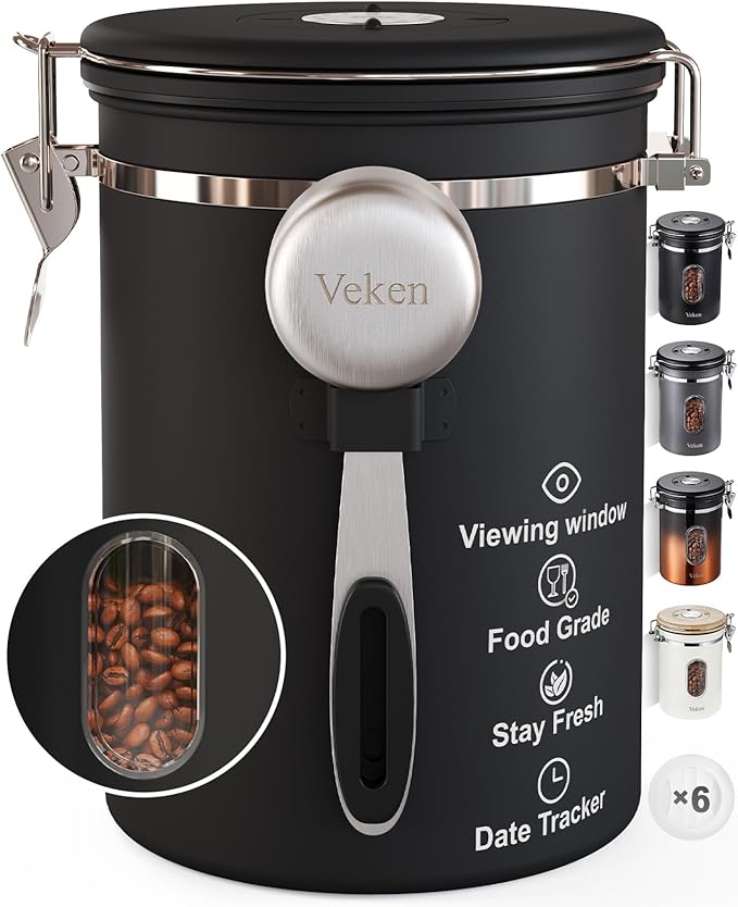 Veken Coffee Canister with Window,Airtight Stainless Steel Container,Home Kitchen Food Storage Organizers for Grounds,Beans,Espresso,Rice,Tea,Sugar,Cereal, Flour,Scoop,Bar Accessories,Gifts,22OZ,Black