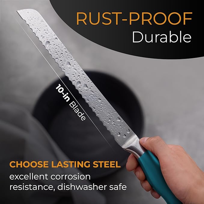 Orblue Serrated Bread Knife with 10-inch Upgraded Stainless Steel Razor Sharp Wavy Edge Width - Bread Cutter Ideal for Slicing Homemade Bagels and Cake, Blue