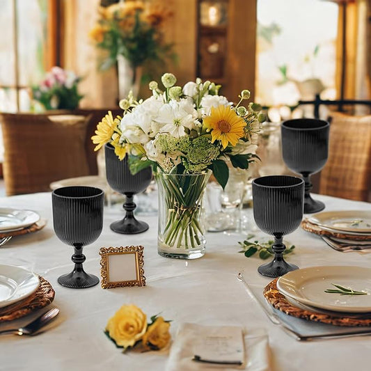 Black Vintage Wine Glasses Set of 6, 11 Ounces Colored Glass Water Goblets, Unique Embossed Pattern High Clear Stemmed Glassware Wedding Party Bar Glass Drinking Cups Fancy Glasses Hand Wash Only