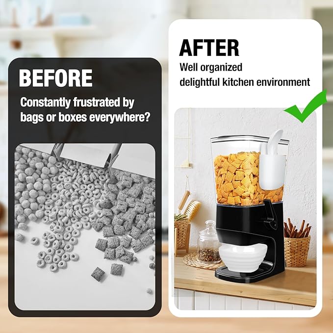 Cereal Dispenser Countertop Wath Bowls and Spoons Cereal Containers Storage for Pantry Snack Organizer Dry Food Storage Container with Lid for Kitchen Organization Oatmeal Nut Granol(Black 1 pack )