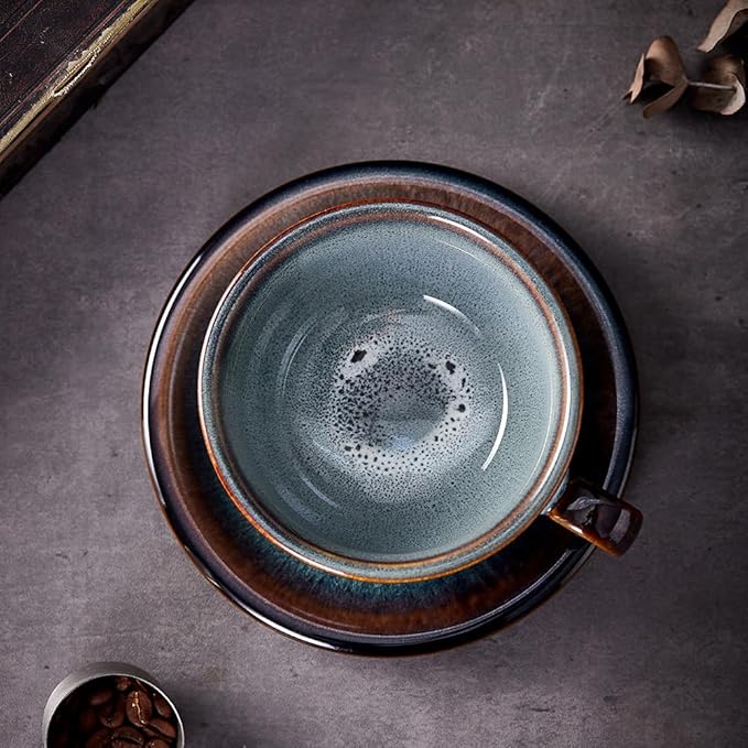 Vintage Design 12 oz Ceramic Latte Art Cappuccino Barista Cup with Saucer (Fog Grey)