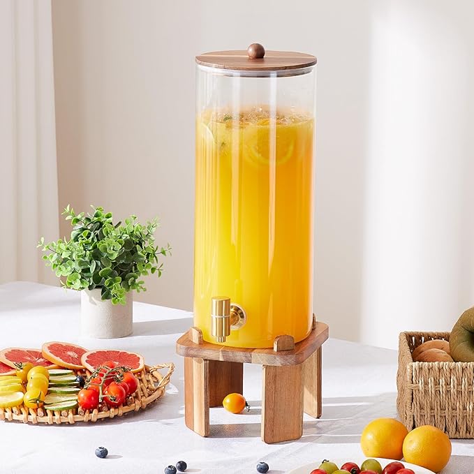 2 Gallon Large Drink Dispenser for Parties,Glass Beverage Dispenser with Stand,Water Drink Dispenser with Airtight Valve,Lemonade Dispenser for Fridge,Water, Juice,Punch,Cocktails,Ice Tea & Sun Tea-8L