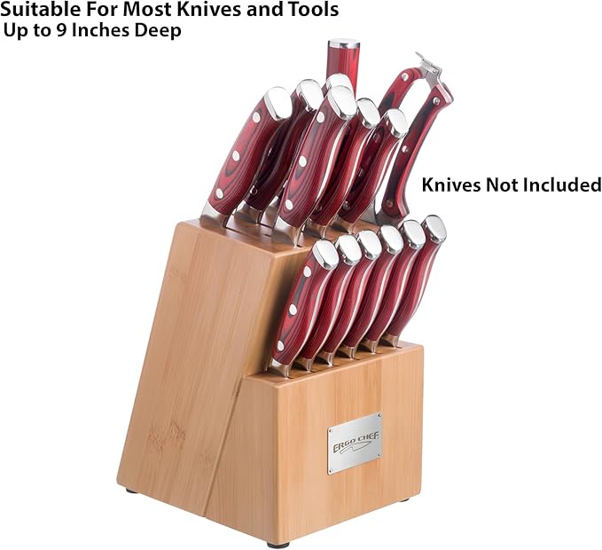 Ergo Chef Crimson Series Bamboo Knife Storage Block 15-Slot Universal Holder for Easy Kitchen Organization, Knives Not Included