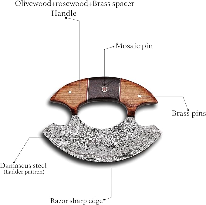 RC Knives Damascus Ulu Knife with Leather Sheath – Full Tang Handmade Alaskan ulu knives - Wooden Handle, Pizza Cutter & Salad Chopper, Meat and Herbs, Great for Outdoor Cooking and Gifts for Men