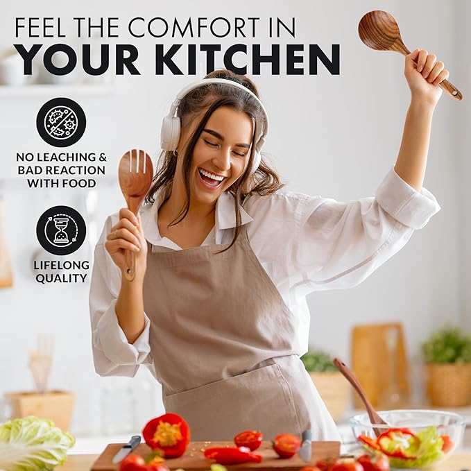 Zulay Kitchen 15-Piece Teak Wooden Utensils for Cooking - Natural Teak Utensil Set with Premium Gift Box - Non-Stick Wooden Spoons for Cooking - Kitchen Gift Set - Comfortable Grip Wooden Utensil Set