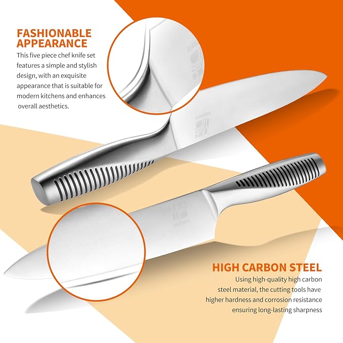 5-Piece Professional Chef Knife Set - Ultra-Sharp Kitchen Knives with Ergonomic steel handle, Ideal for Home, Outdoor, Camping, BBQ, and Gifts for Men