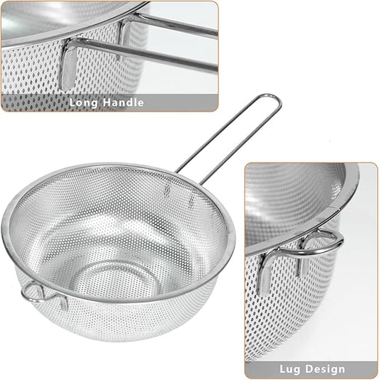 Metal Fine Mesh Strainer and Colander for Kitchen with Handle, Stainless Steel Pasta Strainer/Kitchen Funnel/Collander/Sifter for Strain/Wash Vegetables, Fruits, Spaghetti, Rice (8.6")