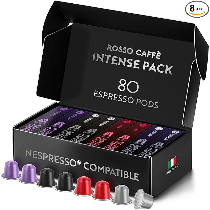 ROSSO CAFFÈ Espresso Coffee Pods for Nespresso Original Machines - 80 Capsules Dark Roast Intense Pack, 4 Strong and Robust Flavors - Made in Italy