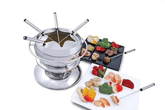 Swissmar Zuri 11-Piece Stainless Steel 3-in-1 Fondue Set - Ideal for Melting Cheese, Chocolate, Butter, & More - Perfect for Kitchen Collection & Wedding Gift Giving, 2.25 Quarts / 2.2 Liter