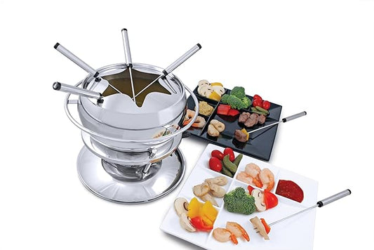 Swissmar Zuri 11-Piece Stainless Steel 3-in-1 Fondue Set - Ideal for Melting Cheese, Chocolate, Butter, & More - Perfect for Kitchen Collection & Wedding Gift Giving, 2.25 Quarts / 2.2 Liter