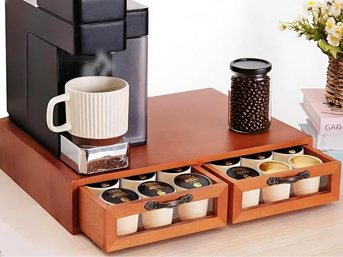 Wooden K-Cup Organizer - Coffee Pod Storage Box, 15.6 * 11.7 * 3.1 in, Compatible for Keuring Pod Holder, 30-50 Pod Capacity, No Assembly Required, Tea Bag Organizer Counter, Coffee Stand with Drawer
