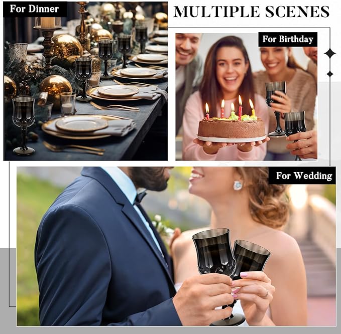 Pinkunn 6 Pcs 7 OZ Plastic Vintage Wine Glasses Reusable Colored Goblets Patterned Drinking Water Glasses Cup Dishwasher Safe for Halloween Wedding Reception Party Supplies (Black)