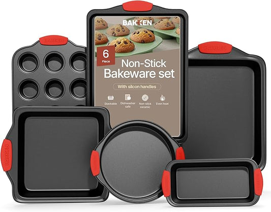 Baking Set – 6 Piece Kitchen Oven Bakeware Set – Deluxe Non-Stick Black Coating Inside and Outside – Carbon Steel – Red Silicone Handles – PFOA PFOS and PTFE Free by Bakken