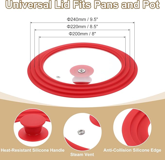 uxcell 1Pcs Universal Lid for Pot Fit 8, 8.5, 9.5 Inch Diameter Cookware, Replacement Pan Lids with Heat Resistant Silicone Rim, Steam Vent Pan Lid for Pots, Frying Pans, Skillets, Red