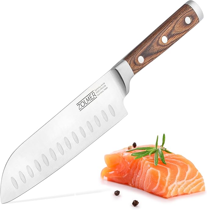 ZOLMER® Santoku Knife 7 Inch Blade – Extra Sharp Japanese Chef Knife – All-Purpose Kitchen Tool with German Wood Handle for Precision Cutting