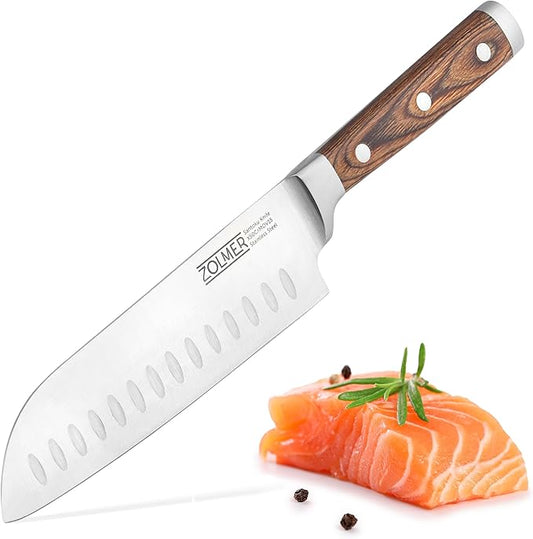 ZOLMER® Santoku Knife 7 Inch Blade – Extra Sharp Japanese Chef Knife – All-Purpose Kitchen Tool with German Wood Handle for Precision Cutting