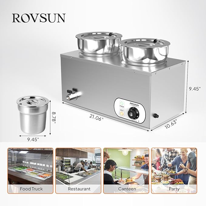 ROVSUN Electric Soup Warmer, 15QT Commercial Food Warmer Steam Table, Countertop Bain Marie with Dual 7.4QT Pots, 86~185°F Adjustable Temperature, Lid and Tap for Buffet Restaurant 1200W
