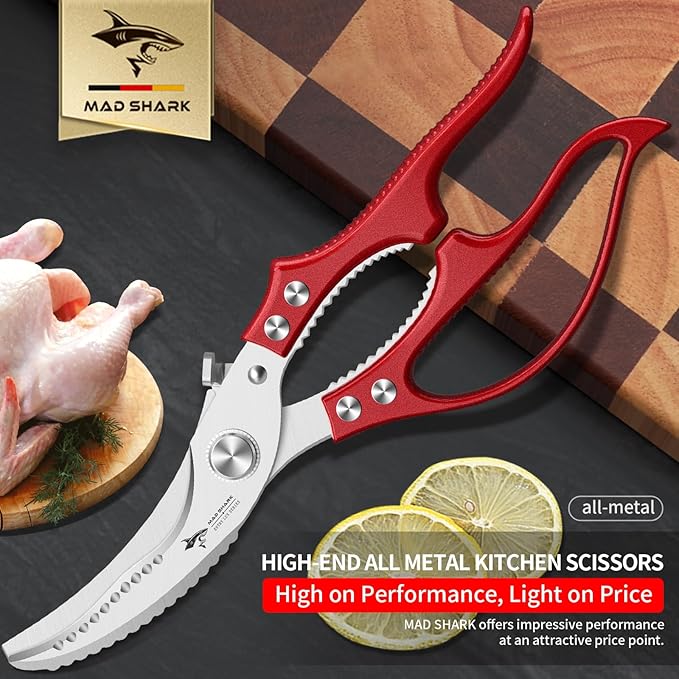 MAD SHARK Professional Heavy Duty Poultry Shears - Kitchen Shears for Spatchcocking Chicken and Meat Cutting, Multi-Purpose Kitchen Scissors for Food, Spring-loaded (Red)