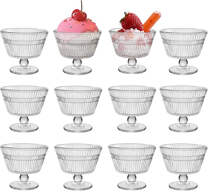 Vintage Glass Dessert Bowls, Dessert cups Set of 12, 9 oz Sundae Cups for Ice Cream, Fruit, Pudding, small snacks, Yogurt, and Appetizers (12)