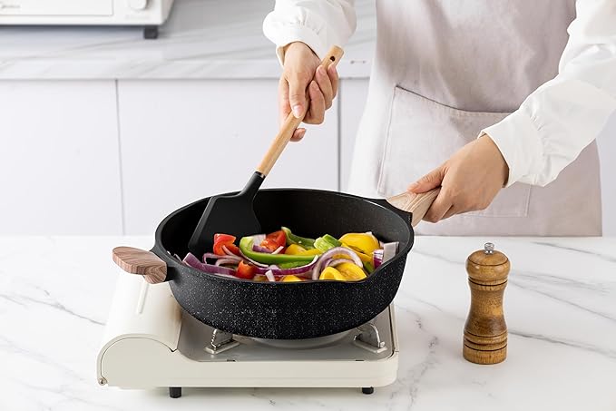 Country Kitchen Pots and Pans Set Nonstick, Cast Aluminum Kitchen Cookware Set with Utensils, 14 Pcs Non Stick Cooking Set w/Frying Pans & Saucepans, Black