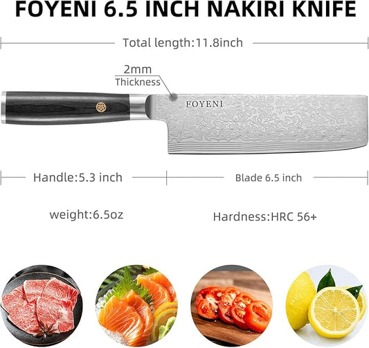 Nakiri Knife - 6.5 Inch Sharp Japanese Chef Knife, High Carbon Stainless Steel Meat and Vegetable Knife with Ergonomic Handle, Multipurpose Kitchen Knife for Effortless Chopping and Slicing