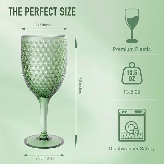 24PCS Gree Plastic Wine Glasses 13oz,Acrylic Goblets Toasting Glassware,Unbreakable Cups Drinking Glasses for Bar Party,Wedding