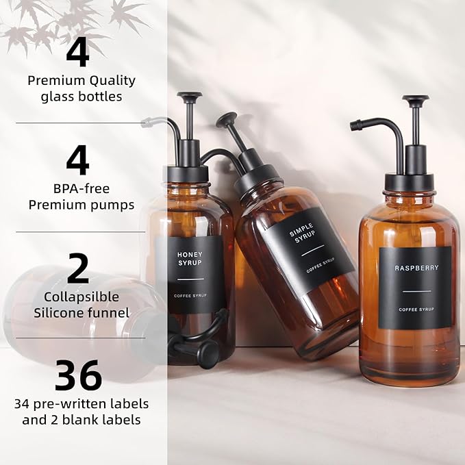 Coffee Syrup Dispenser, Set of 4 Amber Glass Syrup Bottle w. Pump and Labels, 16.9 oz 500ml Glass Syrup Bottle with Pump, Farmhouse Syrup Dispenser for Coffee Bar, Ideal Gift