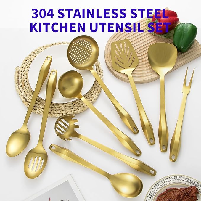 304 Stainless Steel Kitchen Utensil Set - 9pcs Cooking Utensils, Metal Kitchen Utensil Spatula Sets Cookware,High temperature resistance Kitchen Tool Set for Hanging Dishwasher Safe(Gold)