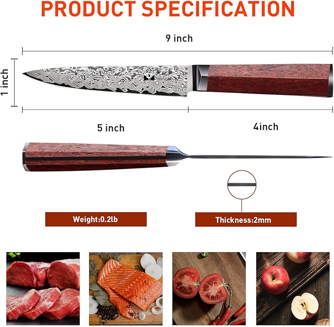 Kitchen Utility Knife 5 inch Damascus Small Chef Knife 67-Layer Damascus VG10 Steel Ultra Sharp Professional Paring Knife with Hexagon Natural Wood Handle