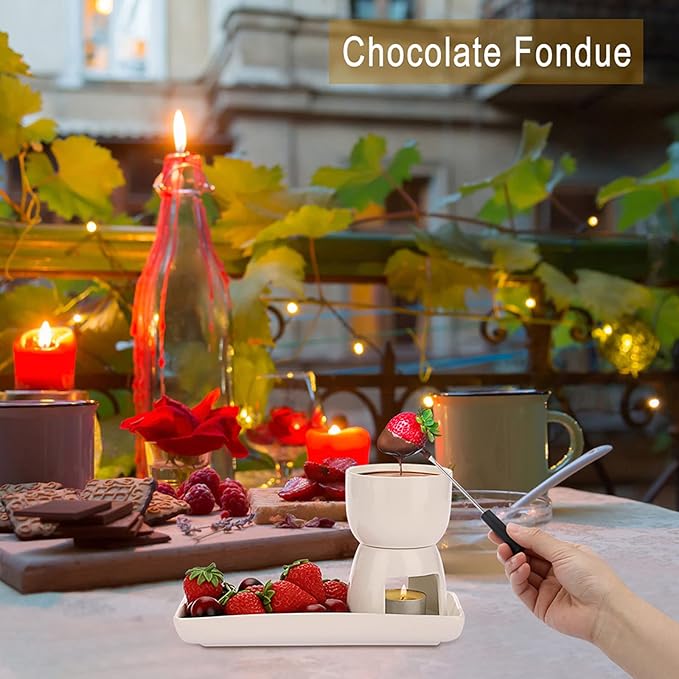 150ML Ceramic Butter Warmer Set with Ceramic Rectangle Dish, Mini Fondue Pot Melting Pot Set, Melt Hot Pot Bowl Set For Cheese Chocolate Butter Caramel, with 2 Forks
