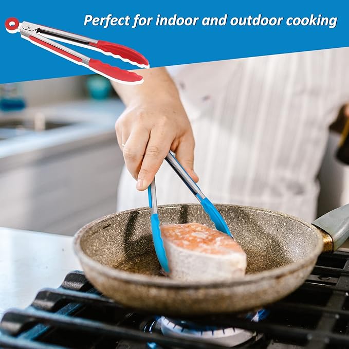 Small Tongs For Cooking,7 inch Kitchen Mini Tongs with Silicone Tips Great for Air Fryer Cooking Serving Tong Set of 3 Turning Appetizers,Veggies,Salad,Grilling,Frying,Food tong (Red Blue Green)