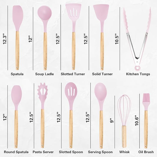 19 PCS Kitchen Cooking Utensils Set, 11 Pieces Silicone Cooking Utensils Set 6 Pieces Sharp Stainless Steel Pink Knife Set with 1 Piece Cutting Board, Ideal for Apartment