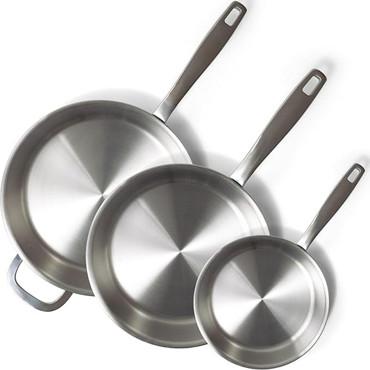 Alva Maestro 5-Ply Stainless Steel Frying Pan 3-Piece Set - Oven Safe and Made without PFAS, PFOA & PTFE - Induction and All Stovetop Compatible with Even Heat Distribution