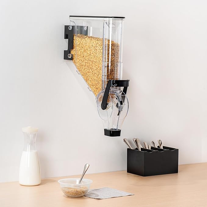Restaurantware-Met Lux 2.1 Gallon Dry Food Dispenser, 1 Airtight Cereal Dispenser - Wall-Mounted, Single Control, 1 Black Plastic Grain Holder, For Snacks, Nuts, Or Coffee Beans