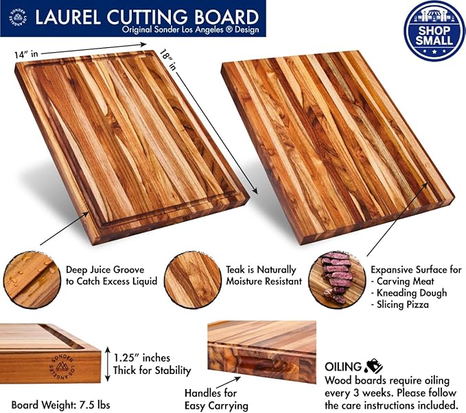 Sonder Los Angeles, Large Teak Wood Cutting Board for Kitchen with Juice Groove, Reversible Charcuterie Butcher Block 18x14x1.25 in (Gift Box Included)